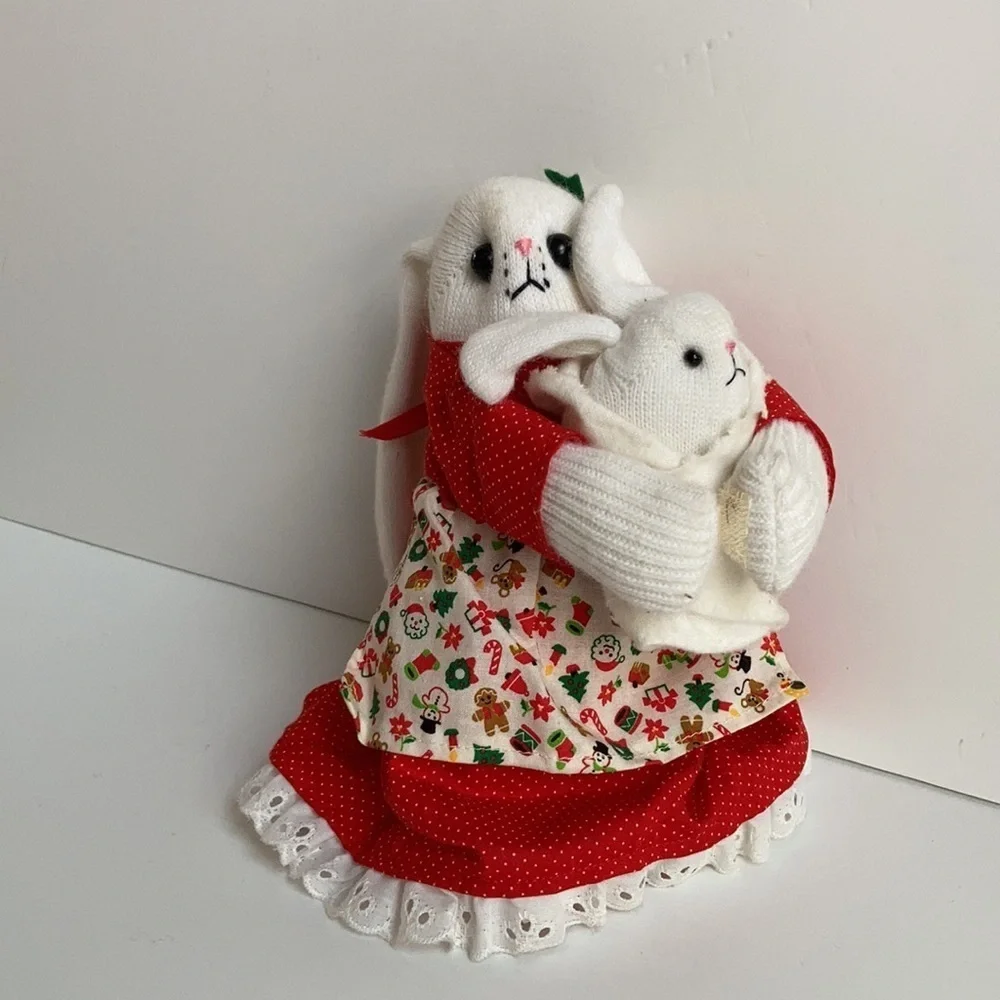 Vintage 80s Christmas sock bunny and baby red dress and Christmas print apron